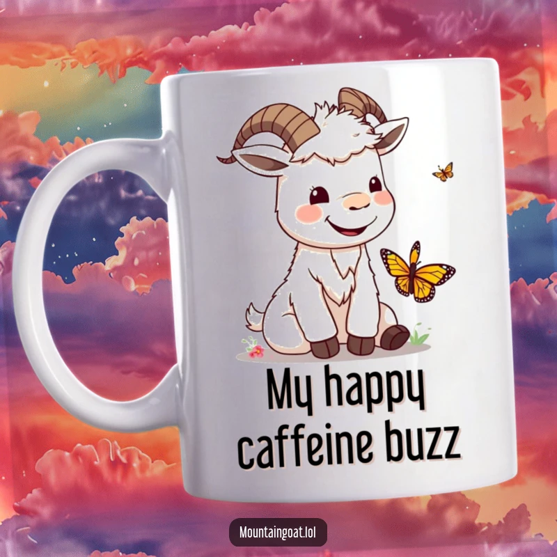 Funny kawaii mountain goat with a silly smile playfully interacting with a colorful butterfly, radiating happiness.