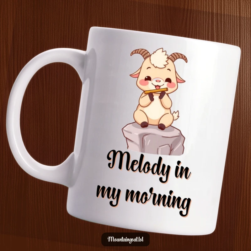 Funny kawaii mountain goat happily playing a tiny flute while perched on a mountain ledge, depicted on a mug.