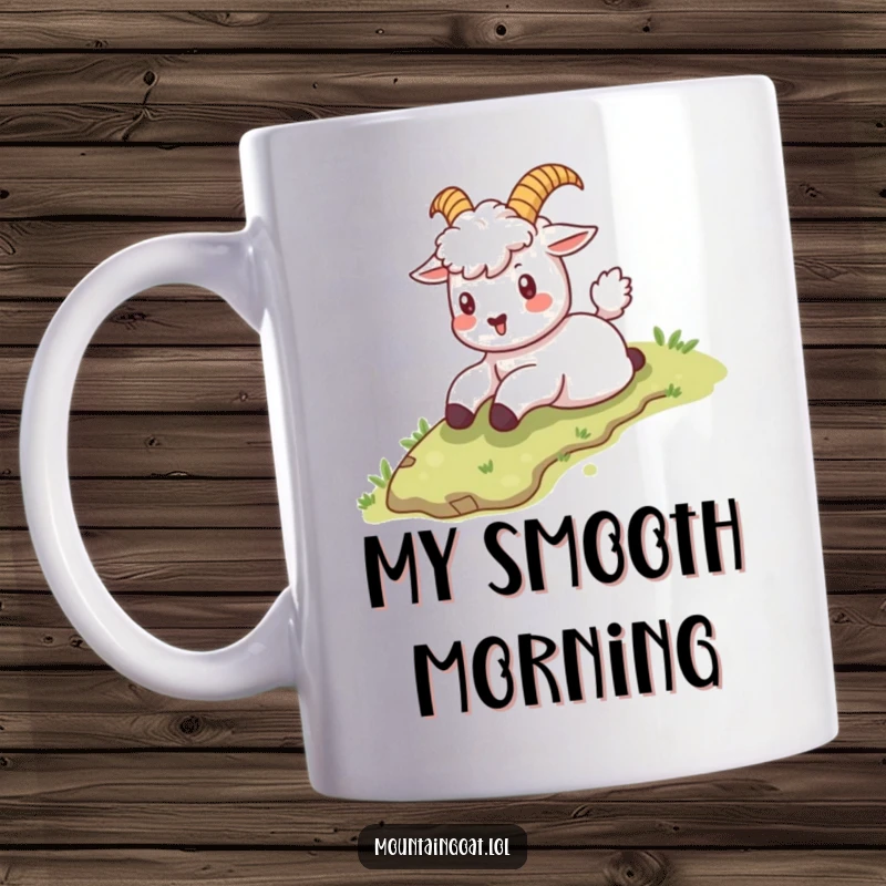 Funny kawaii mountain goat playfully sliding down a grassy slope, full of joy and motion.