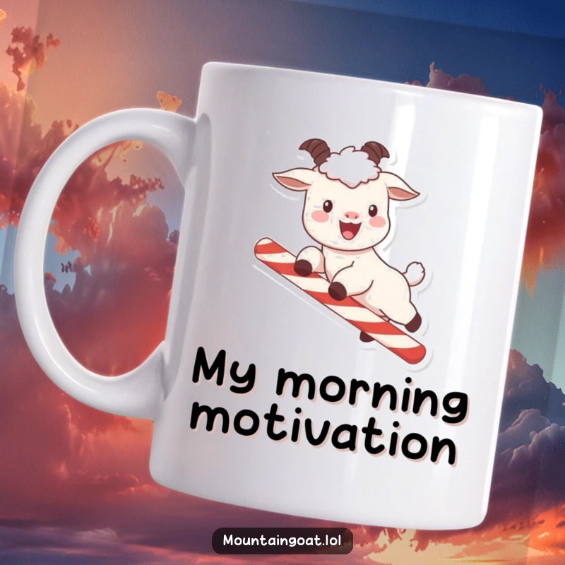 Funny kawaii mountain goat with rosy cheeks, joyfully leaping over a striped candy cane, perfect for a festive mug.