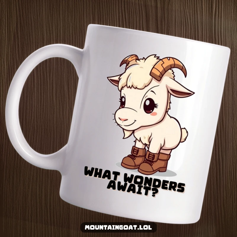 Kawaii mountain goat on a mug, wearing tiny hiking boots, looking curiously at the world.