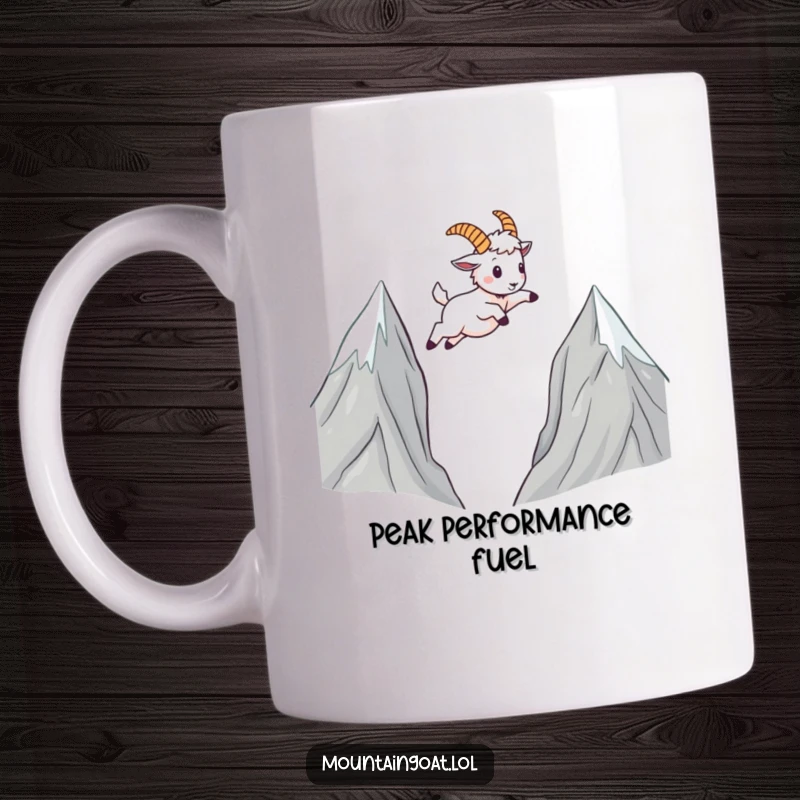 Funny Mountain Goat Mug: A cute kawaii goat leaps dynamically across a chasm between peaks, symbolizing ambition and humor.