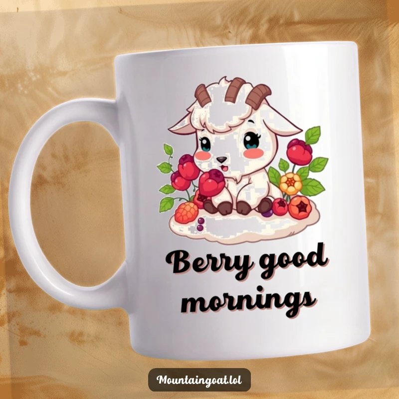 Funny mountain goat happily munching on vibrant berries, nature scene, joyful wildlife, charming mug, ideal funny gift.