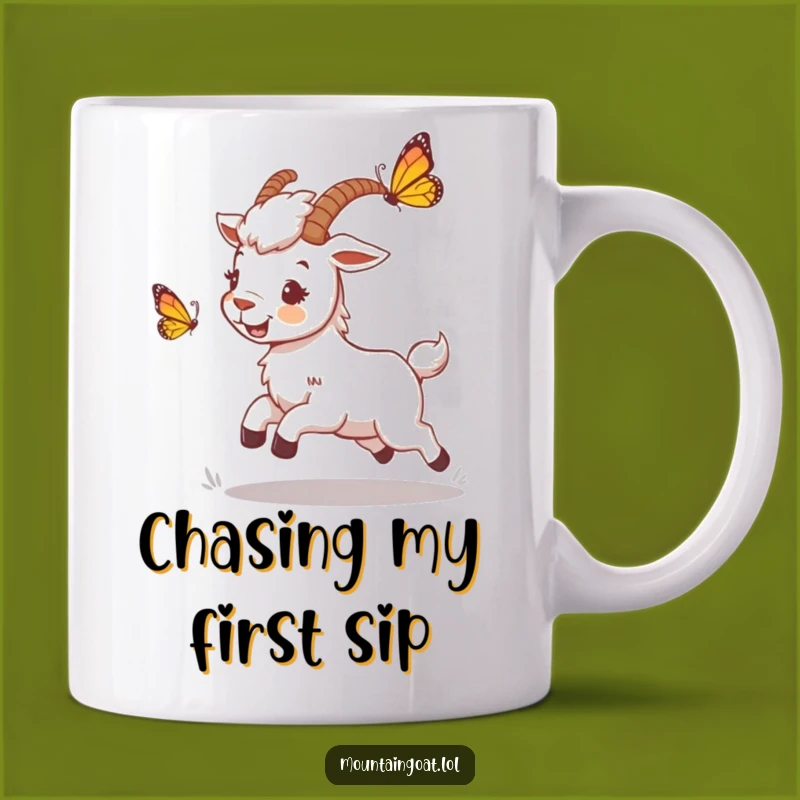 Funny Mountain Goat Butterfly Chase Mug - Lighthearted Gift for Nature Lovers