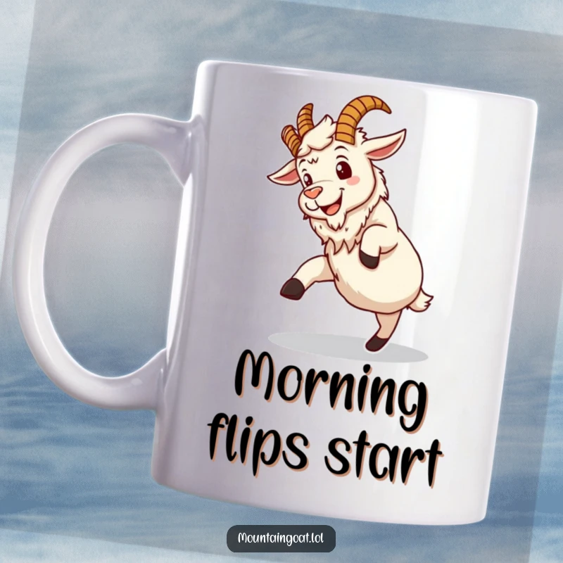 Funny mountain goat mug with a silly grin, hilariously attempting a clumsy somersault, perfect for outdoor enthusiasts with humor.