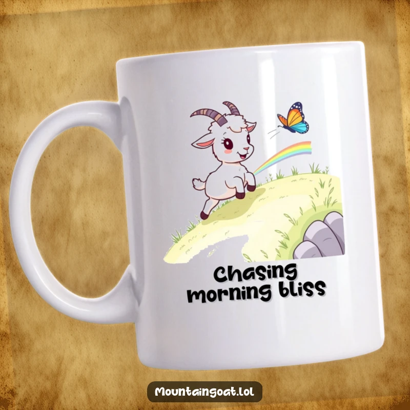 Funny mountain goat mug, happily chasing a vibrant rainbow butterfly up a grassy slope with boundless energy and joy.