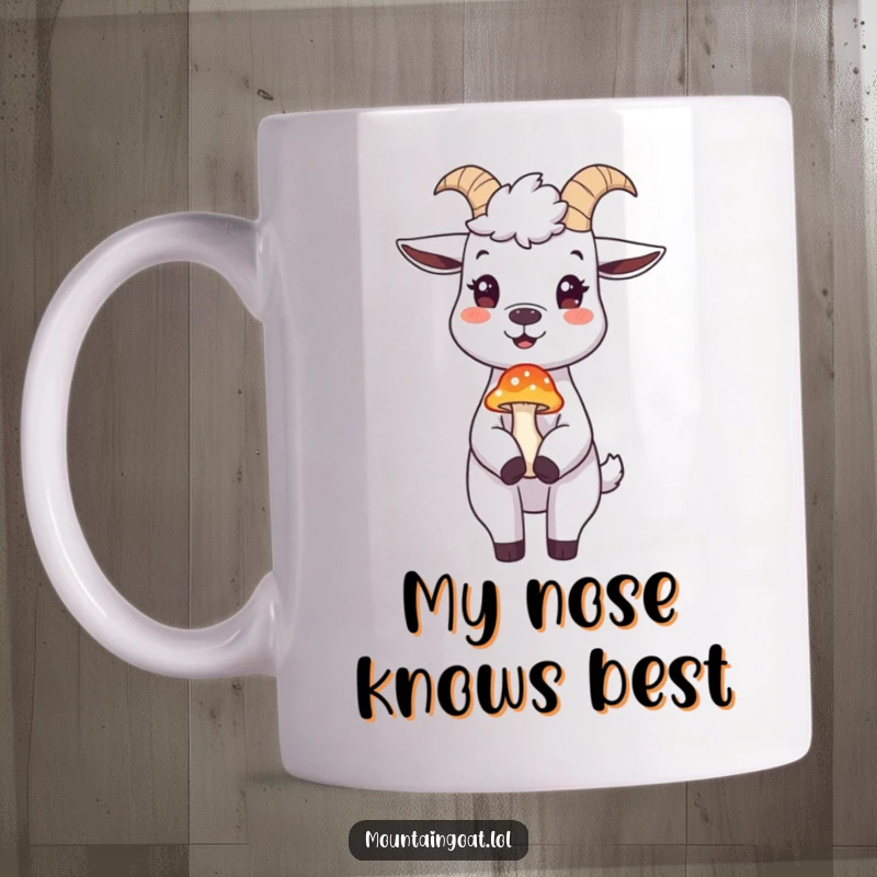 Funny mountain goat mug, happily balancing a bright red mushroom on its nose with a whimsical, joyful expression.