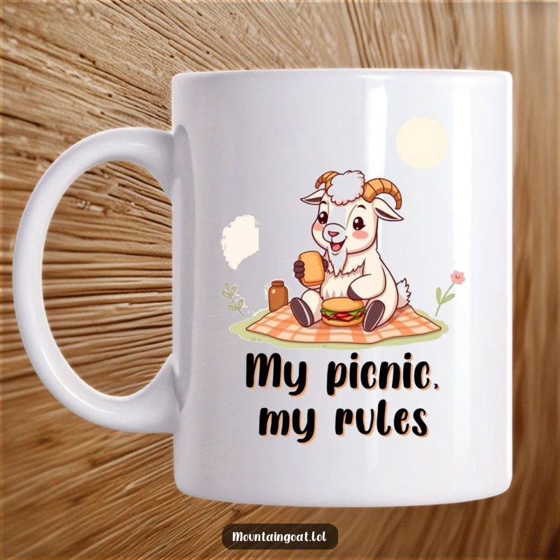 Funny mountain goat mug with a cheerful goat happily picnicking and holding a small sandwich, embodying a playful and contented spirit.