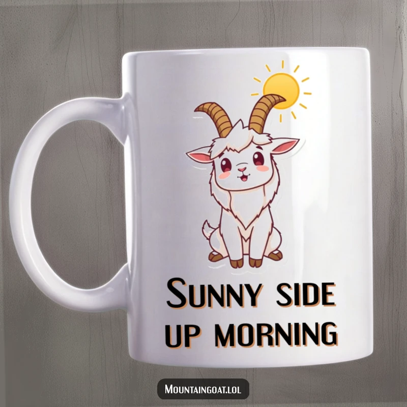 Funny mug featuring a mountain goat character stretching horns to the sun, embodying morning motivation and a cheerful spirit.