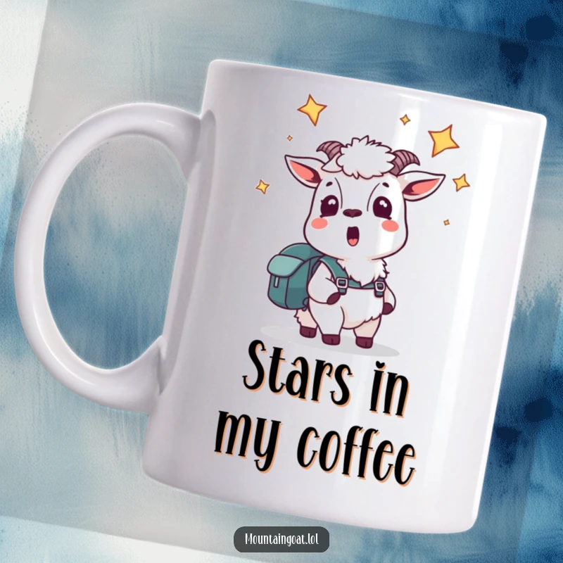 Funny mug featuring a startled mountain goat character wearing a tiny backpack, looking up in awe at the starry night sky.