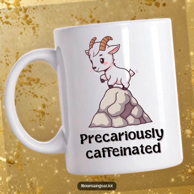 Funny tiny mountain goat character, balancing expertly on a single rock, showcasing impressive focus and adorable charm.