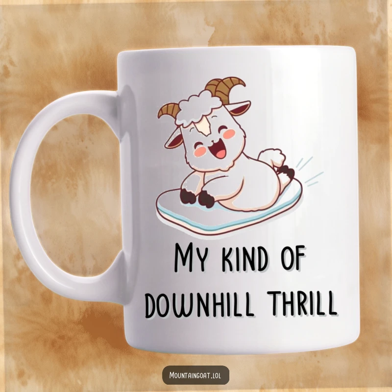 Funny Mug featuring a gleeful mountain goat belly-sliding down a snowy mountain, embodying pure winter joy and hilarious abandon.