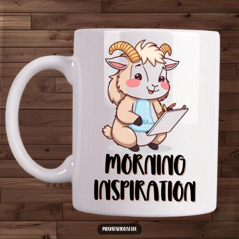 Funny happy mountain goat artist, sketching a beautiful waterfall in a small notepad, creative and nature-loving mug design.