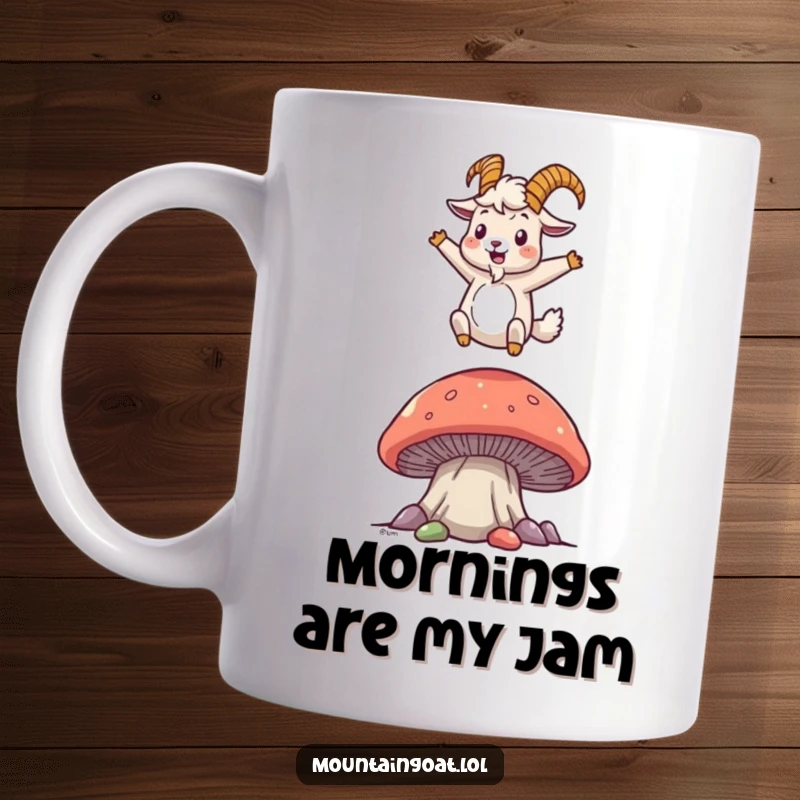 Funny mountain goat mug showing a joyful character gleefully bouncing on a large, colorful mushroom, radiating happiness and whimsy.