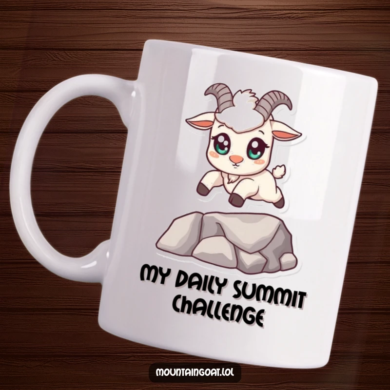 Funny kawaii mountain goat mug with big eyes, confidently leaping across a small gap, showing its playful and adventurous personality.