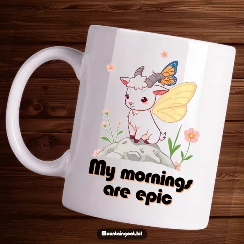 Funny mug featuring a majestic mountain goat with delicate butterfly wings, hovering near vibrant mountain flowers, showcasing a whimsical nature scene.