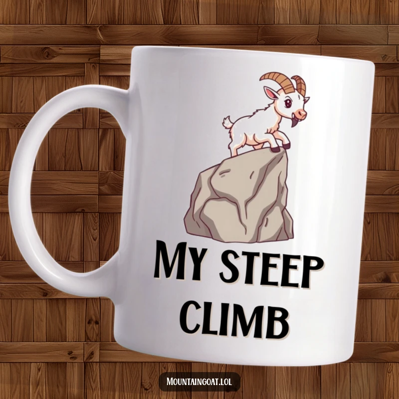 Funny brave mountain goat scaling a small cliff face with unwavering determination, depicted on a mug for motivation.