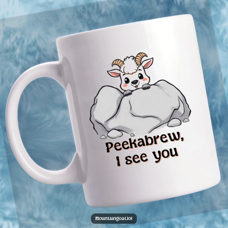 Funny kawaii mountain goat peeking mischievously from behind a boulder, with a playful expression, on a ceramic mug.