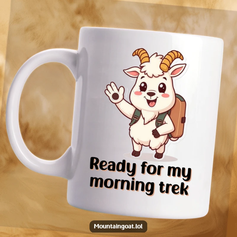 Funny mountain goat mug shows a happy goat character with a backpack, smiling warmly and giving a friendly wave.