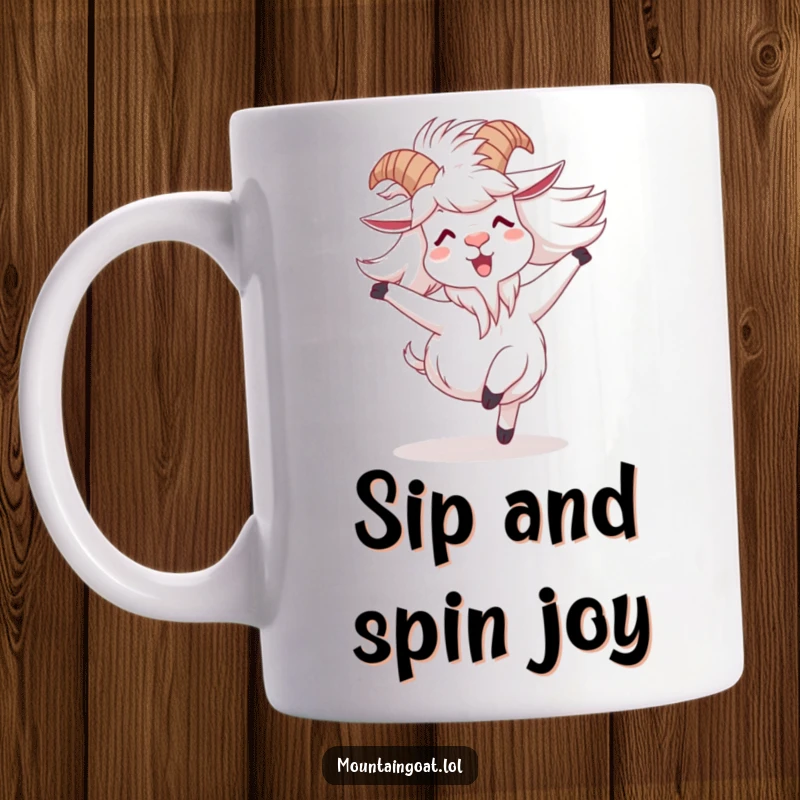 Funny mountain goat mug showing a character joyfully spinning with windblown fur, symbolizing freedom and exuberant fun.