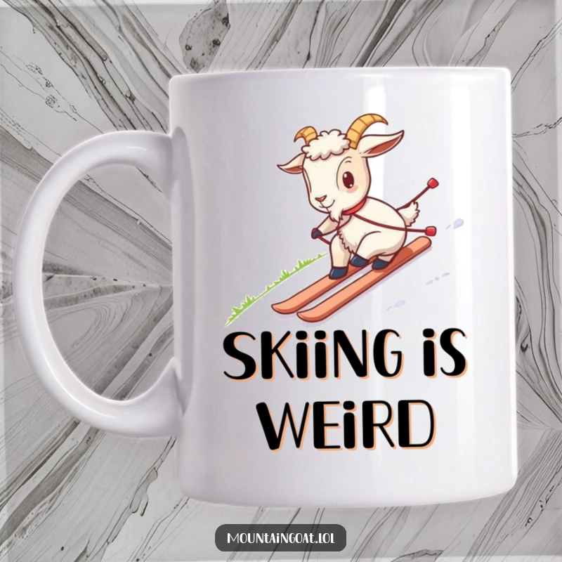 Funny mug showcasing a goat hilariously failing at skiing down a grassy hill, a comical scene for any goat or humor lover.