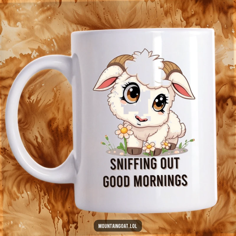 Funny kawaii mountain goat with huge eyes curiously sniffing a delicate flower, radiating sweetness and charm.