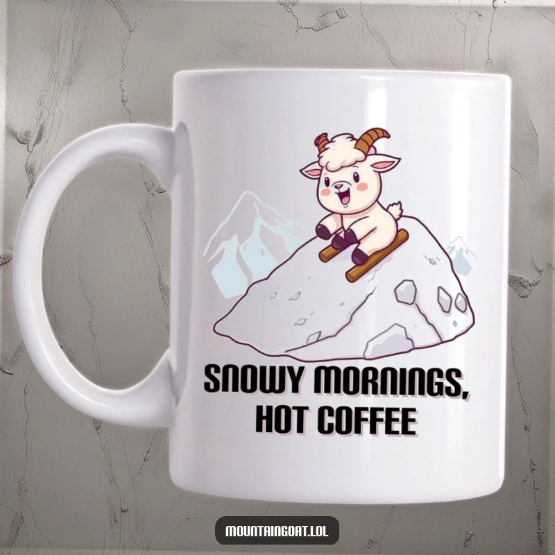 Funny kawaii mountain goat joyfully sliding headfirst down a steep, snowy mountain peak on a mug.