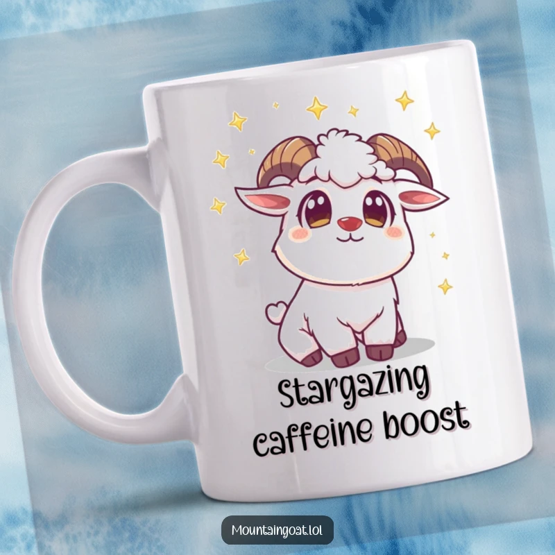 Funny Mountain Goat Star Mug: A wide-eyed goat looks up in awe at twinkling stars, expressing wonder and curiosity.