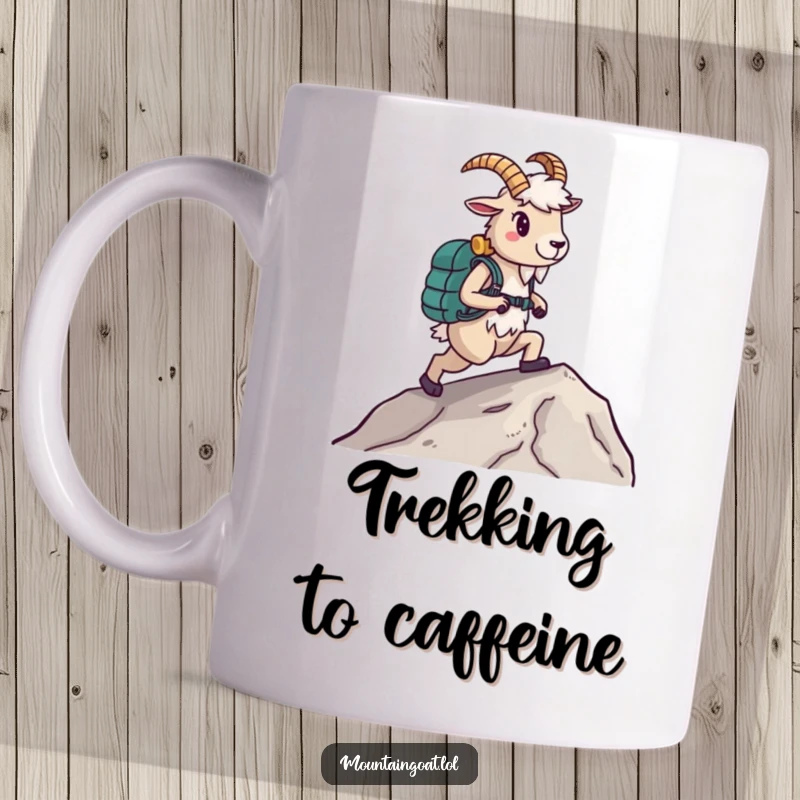 Funny Hiking Goat Mug, wearing boots and confidently ascending a slope, symbolizing determination and humor, perfect outdoor gift.