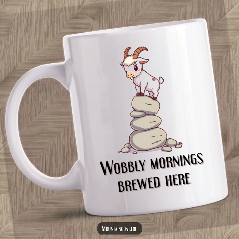 Funny mountain goat mug showing a goat precariously balancing on a wobbly stack of pebbles, conveying a humorous sense of struggle and determination.