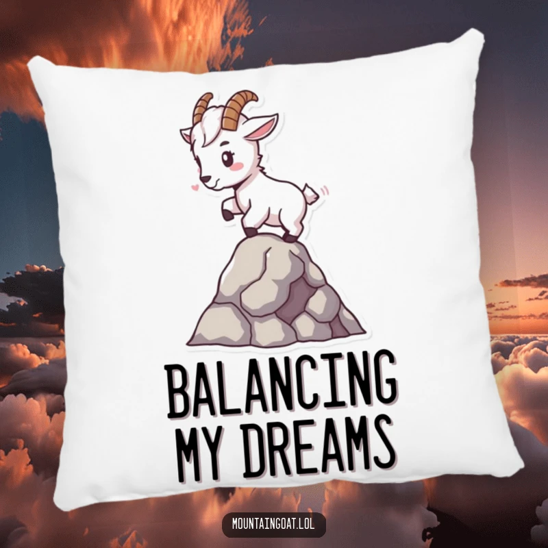 Funny tiny mountain goat pillow, balancing expertly on a single rock, designed for comfort and a delightful touch of humor.
