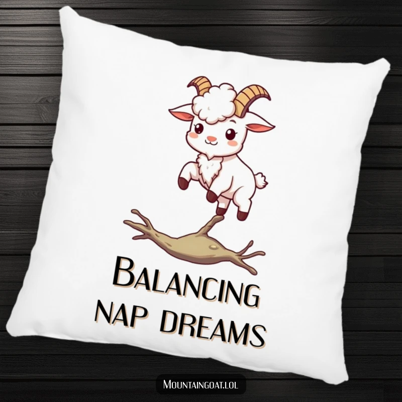 Funny kawaii mountain goat balancing on a thin branch, a soft pillow that offers comfort and humor.