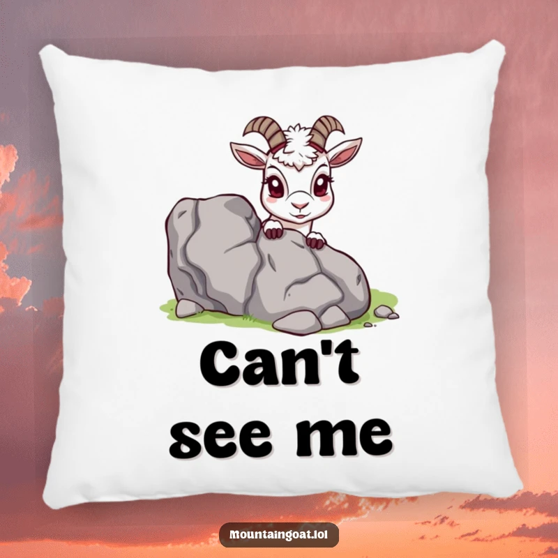 Funny Mountain Goat Pillow, peeking from behind a rock, soft and decorative, conveying playful curiosity, wonderful funny gift.