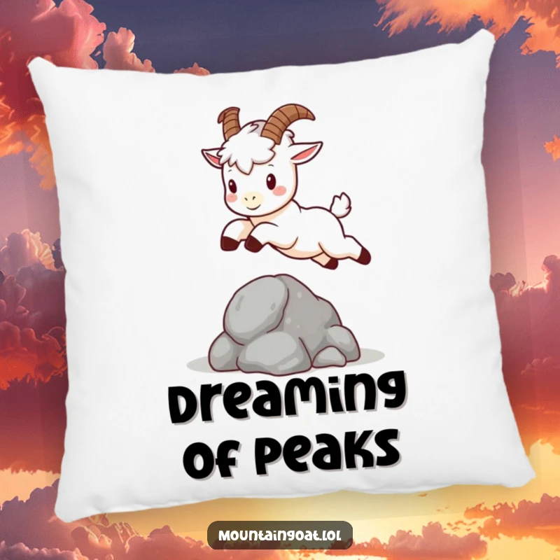 Funny kawaii mountain goat with small horns, sweetly leaping over a rock, soft and huggable pillow.