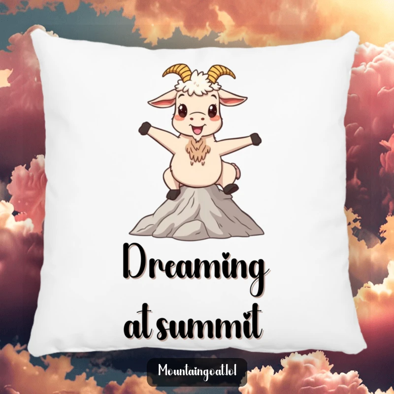 Funny mountain goat pillow, a happy character striking a whimsical pose on a serene peak, bringing comfort and playful humor.
