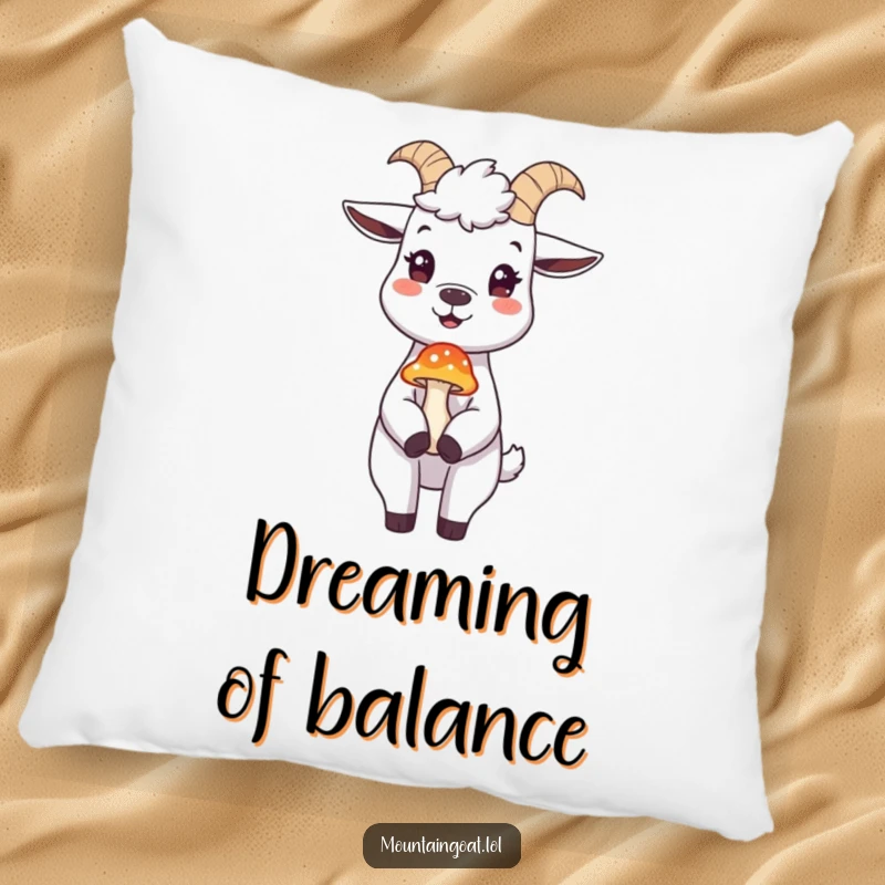 Funny mountain goat pillow, a joyful goat balancing a colorful mushroom on its nose, offering plush comfort and humor.