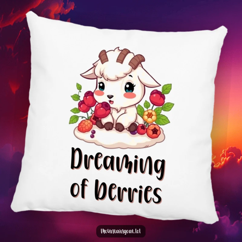 Funny mountain goat happily munching vibrant berries, nature theme, soft humorous pillow, charming funny gift.