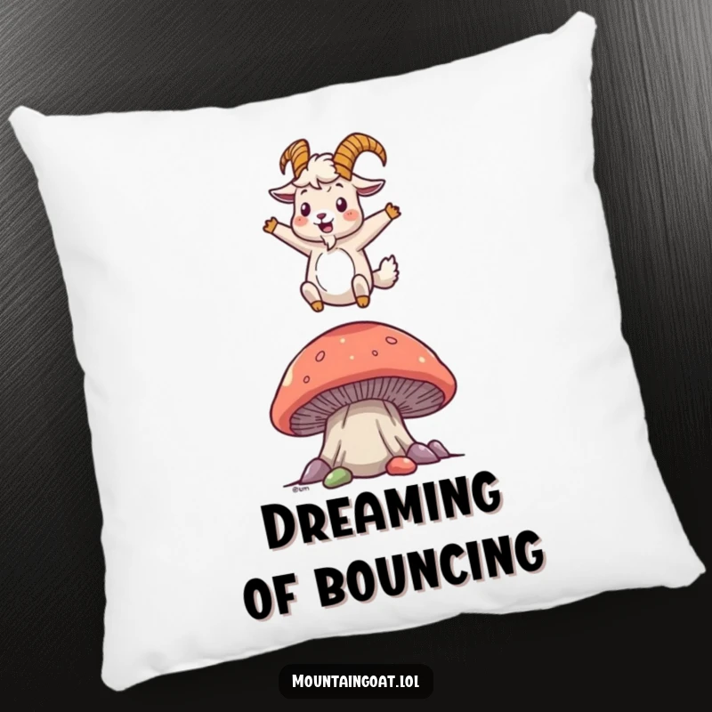 Funny mountain goat pillow featuring a joyful character bouncing on a large mushroom, providing comfort with a playful and humorous design.