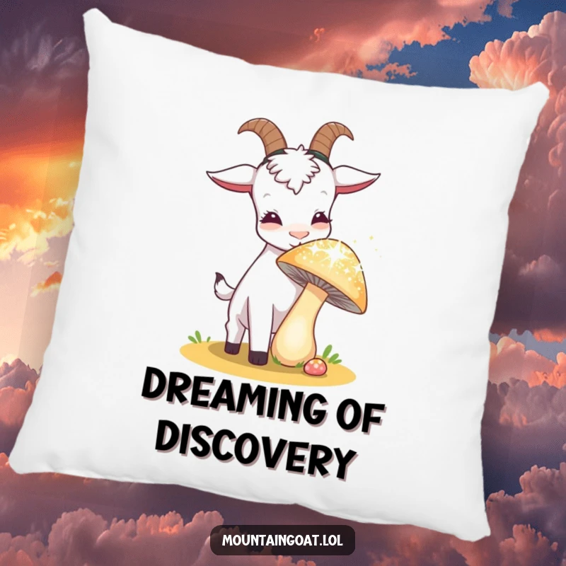 Funny curious goat sniffing a sparkling, oversized mushroom on a decorative pillow, adding a touch of whimsical charm.',