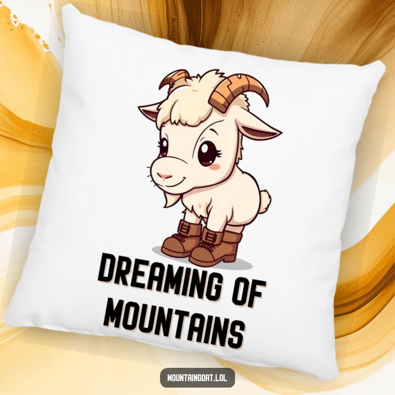 Kawaii mountain goat on a pillow, wearing tiny hiking boots, looking curious with a soft feel.
