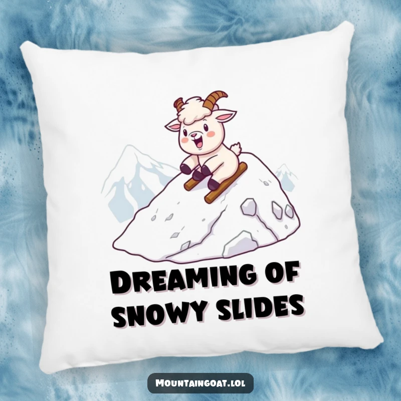 Funny kawaii mountain goat sliding down a snowy peak, printed on a soft and cozy decorative pillow.
