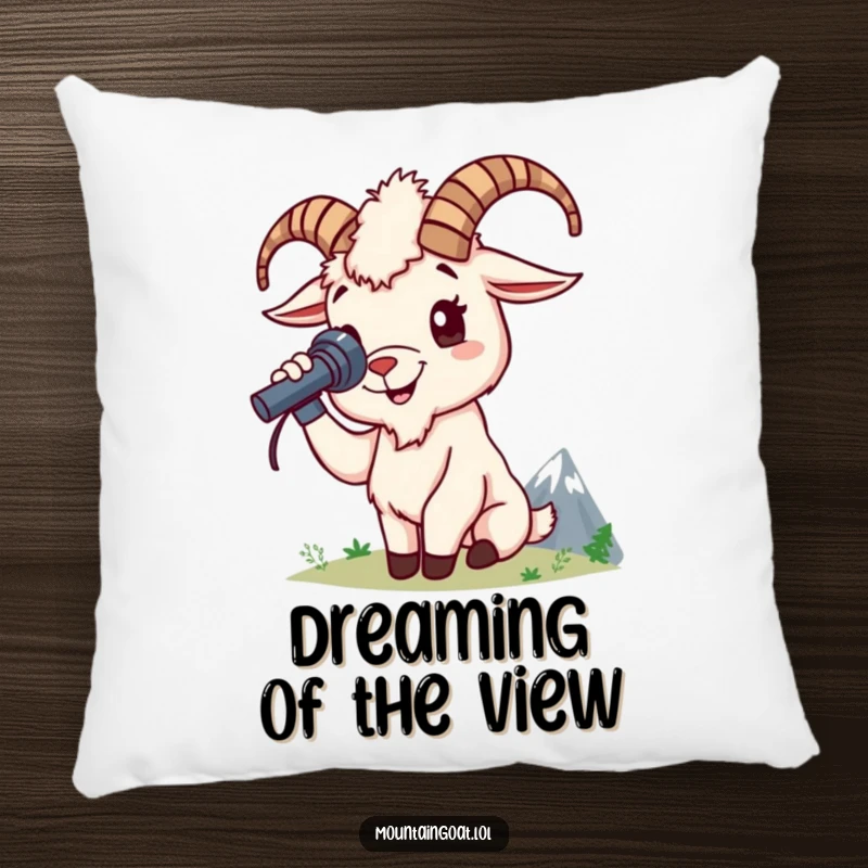 Funny mountain goat pillow shows a cheerful goat character using a spyglass to view a distant peak, perfect for cozy decor.