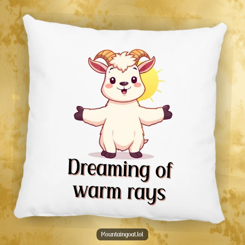 Funny kawaii mountain goat embracing the sunshine, on a soft and comfortable decorative pillow.