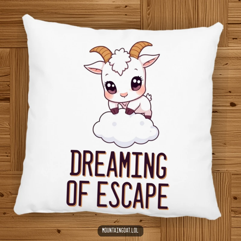 Funny small goat with oversized eyes jumping over a tiny cloud on a decorative pillow, adding a touch of whimsical charm.',