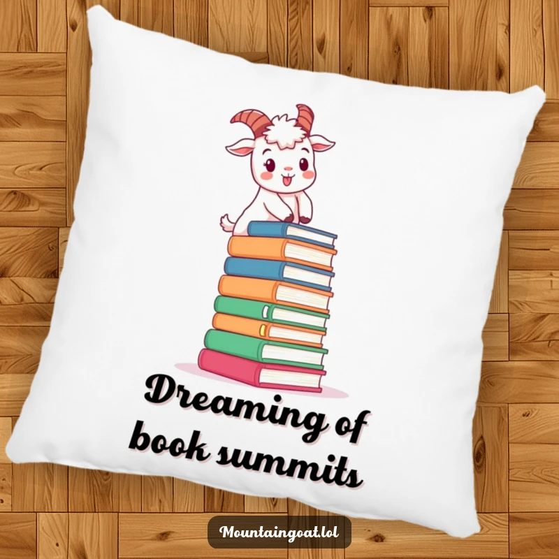 Funny determined mountain goat character pillow, cheerfully climbing oversized books, a soft and humorous study companion.