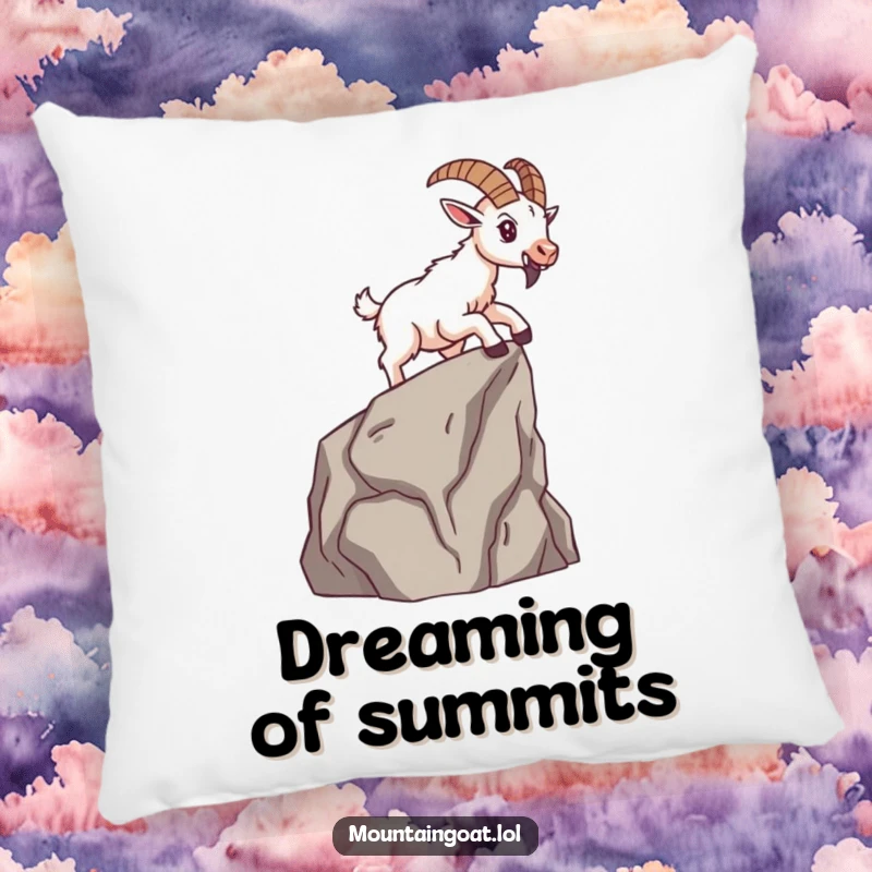 Funny brave mountain goat determinedly scaling a small cliff face, depicted on a soft, motivational pillow.