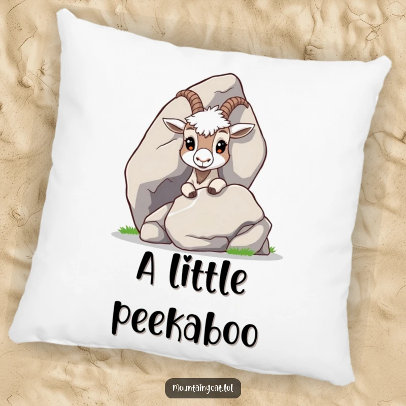 Funny Curious Goat Pillow: A soft pillow featuring a curious mountain goat peeking from behind a large rock.