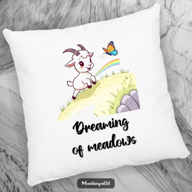 Funny goat butterfly pillow, a mountain goat happily chasing a rainbow butterfly, adding a touch of whimsy to home decor.