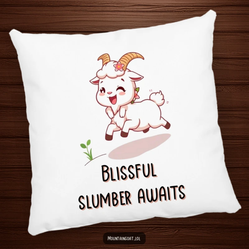 Funny Joyous Goat Pillow: A soft pillow featuring a happy mountain goat with flowers in its fur, skipping joyfully.