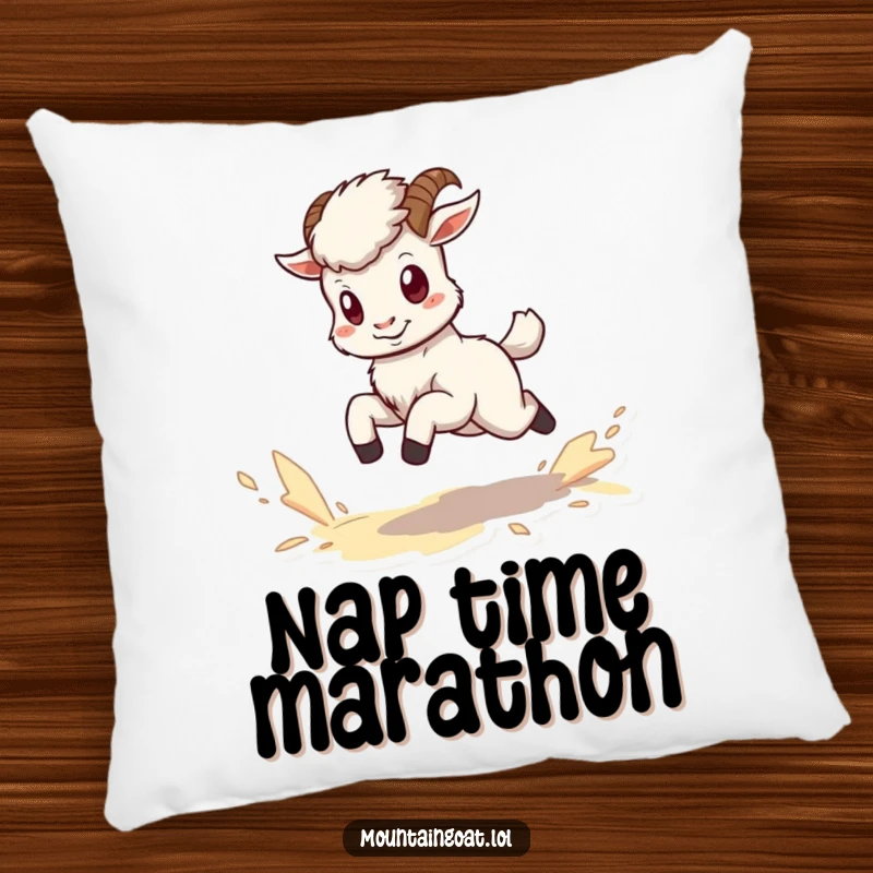 Funny kawaii mountain goat pillow with a tiny, energetic goat kicking up dust while running.